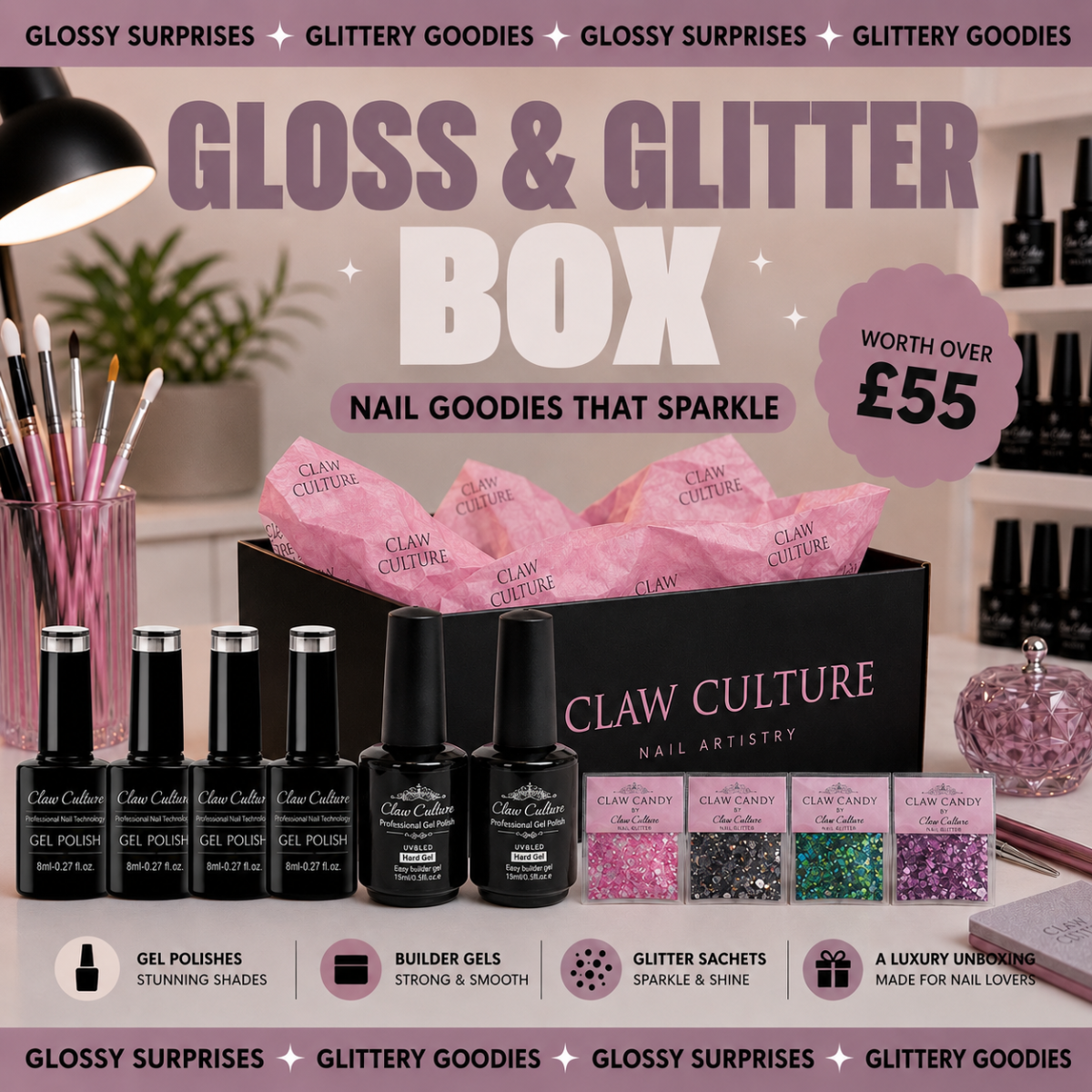 Gloss & Glitter Box nail art set by Claw Culture Nail Artistry, featuring four black gel polish bottles, two hard gels, a black box with pink tissue paper, four glitter sachets in different colours and nail art tools on a styled desk background.