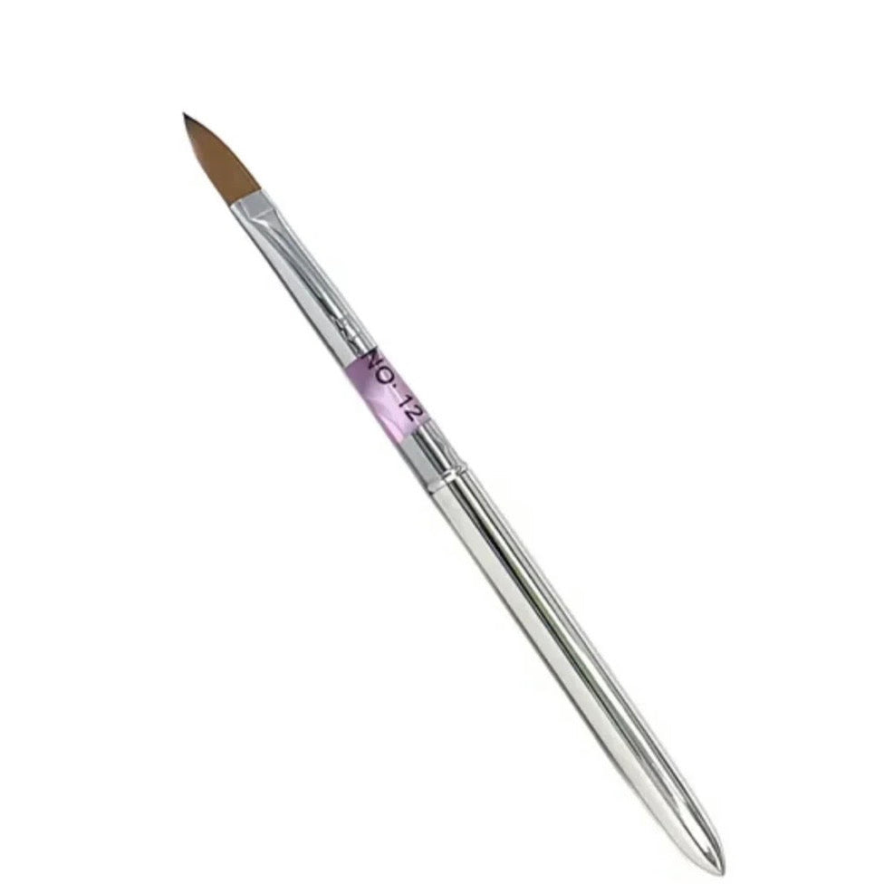 Nail brush with a silver handle and brown bristle tip on a white background