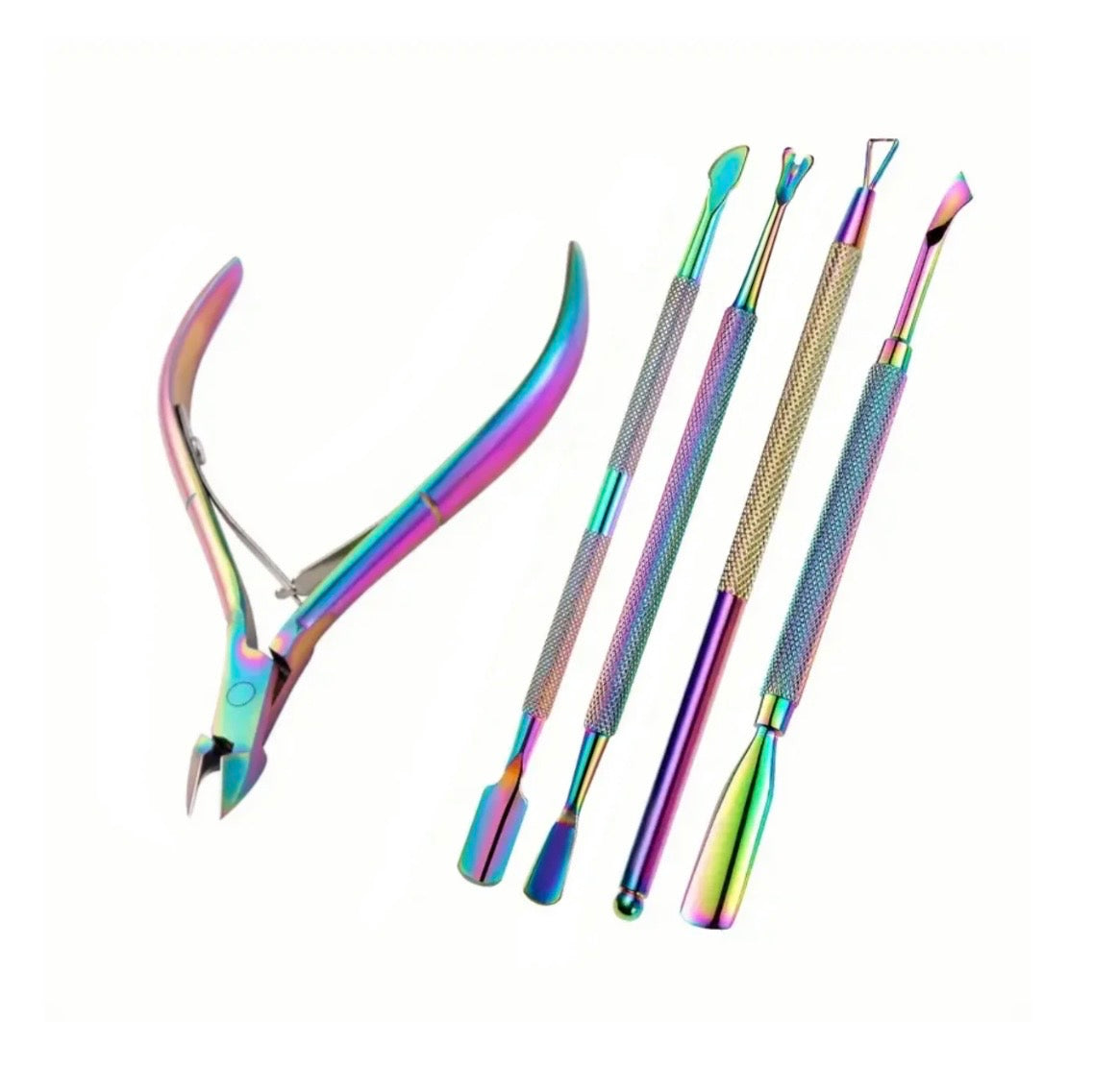 Cuticle set containing 5 pieces in anodised rainbow design 