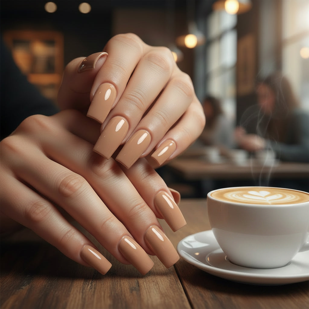 Hand with cappuccino colour nails with coffee cup