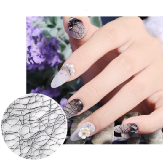 Nail art with nail lace design and floral details on a hand, with a close-up of the nail art in the corner.