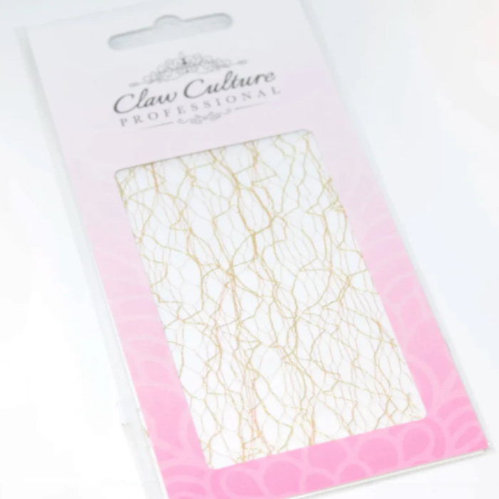 Packaged product with pink and white design on a white background, Claw Culture nail art mesh old gold 