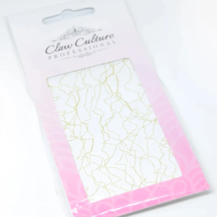 Packaged product with pink and white design on a white background, Claw Culture nail art mesh yellow gold