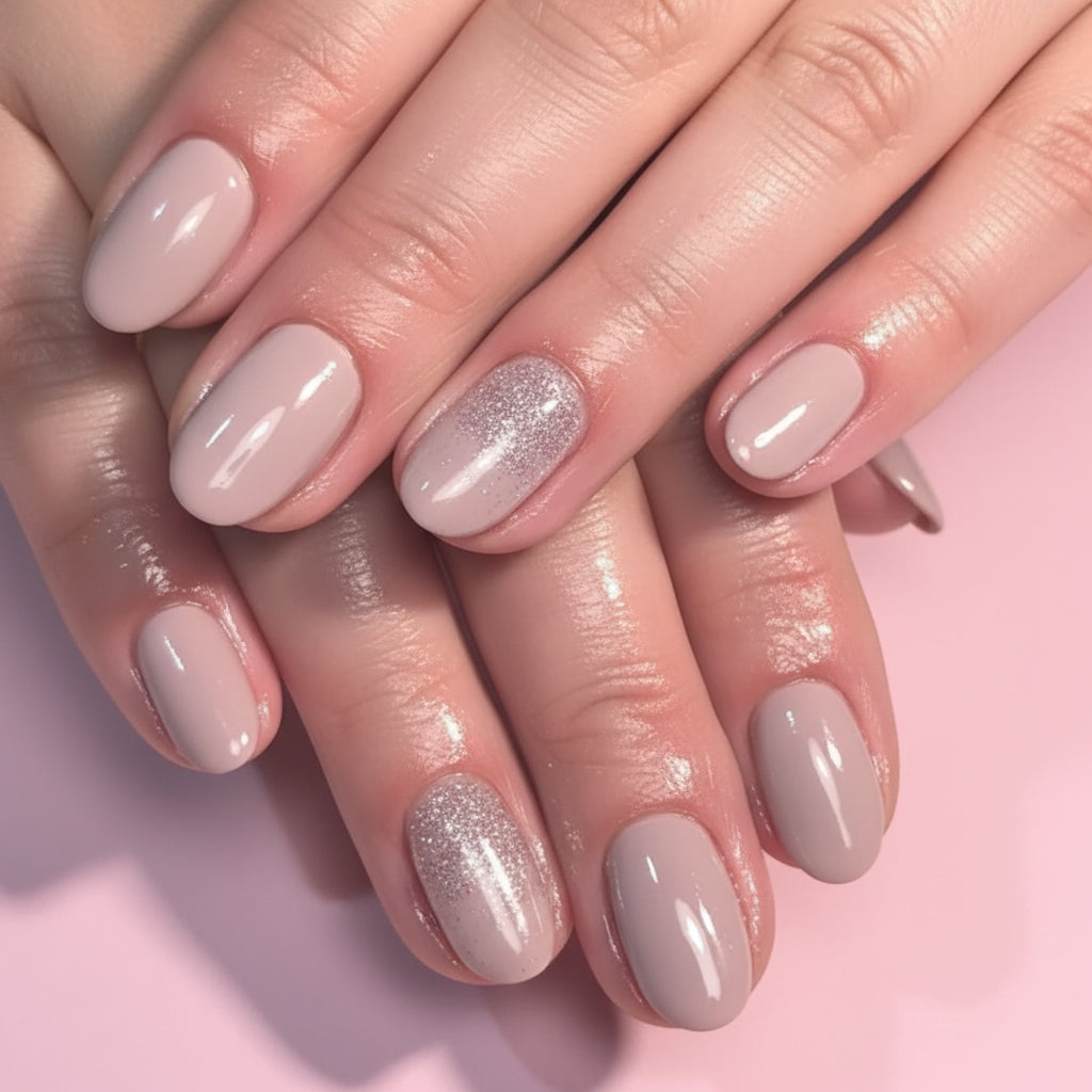 Pink nails with glitter on the ring fingers on pink background 