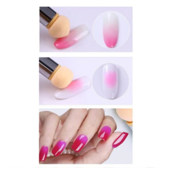 Nail art process showing a gradient nail design with a brush and a hand with finished nails.