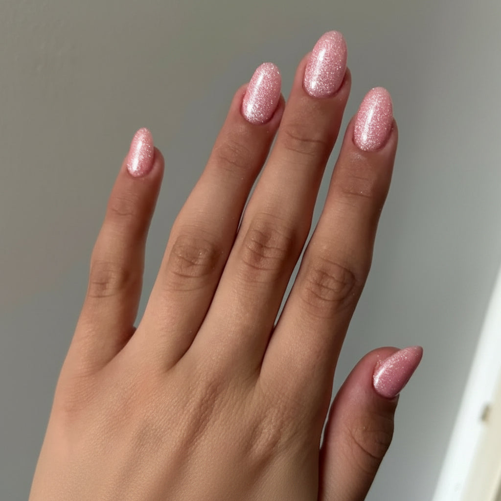 Hands with painted nails showing a pink shimmery gel polish 