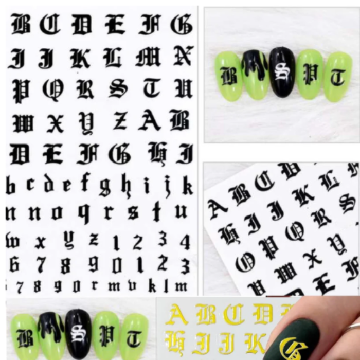 Black lettering and number tattoos on a white background with green nail polish