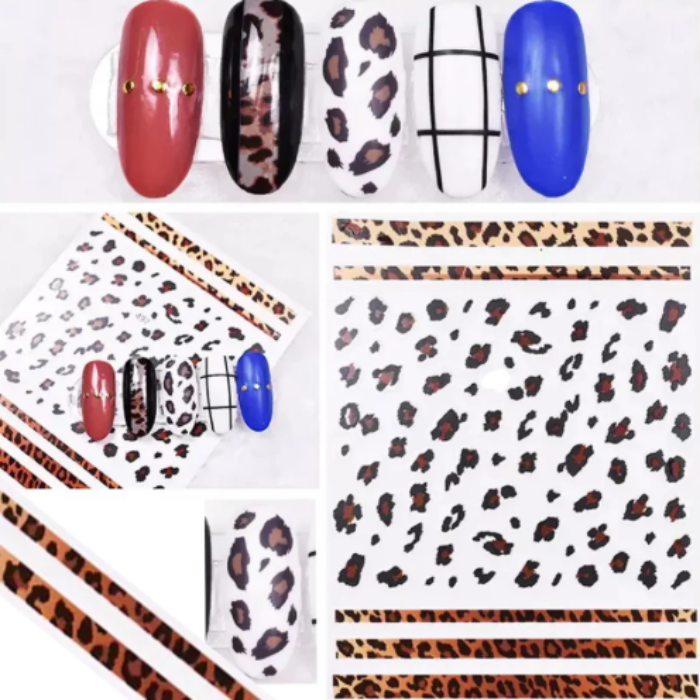 Collection of nail art designs with leopard print, blue, red, and white patterns on a white background.