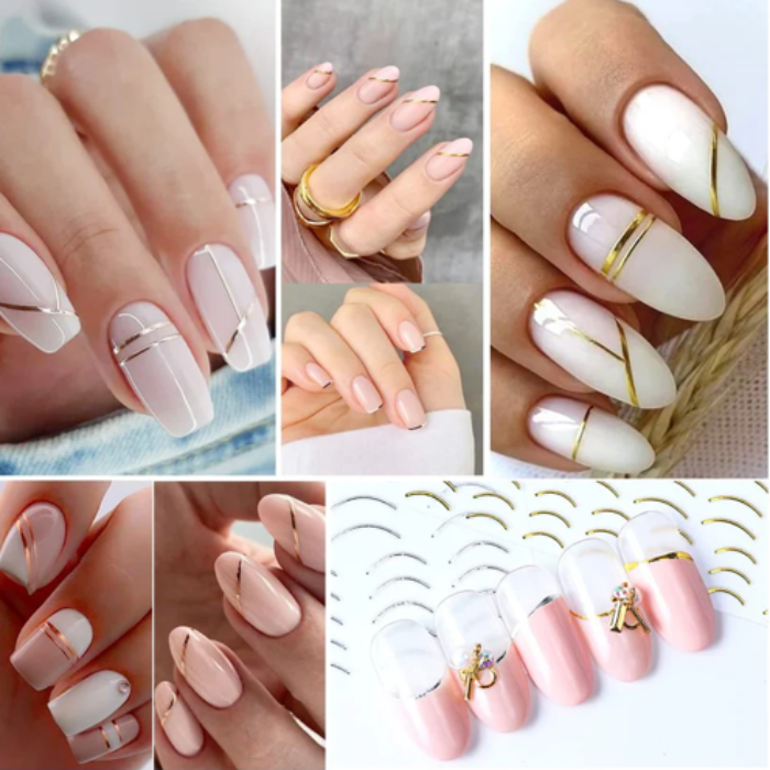 Collage of various nail designs with a focus on white and pink colours.