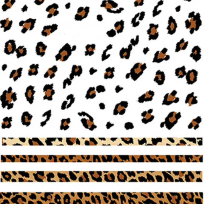 Leopard print pattern on a white background with additional leopard print stripes at the bottom.