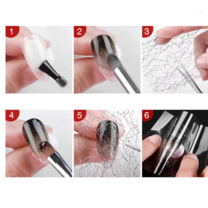 Step-by-step process of how to use nail lace art