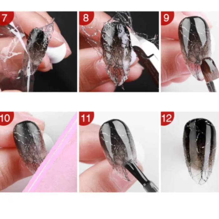 Step-by-step process of applying black nail lace to a nail swatch