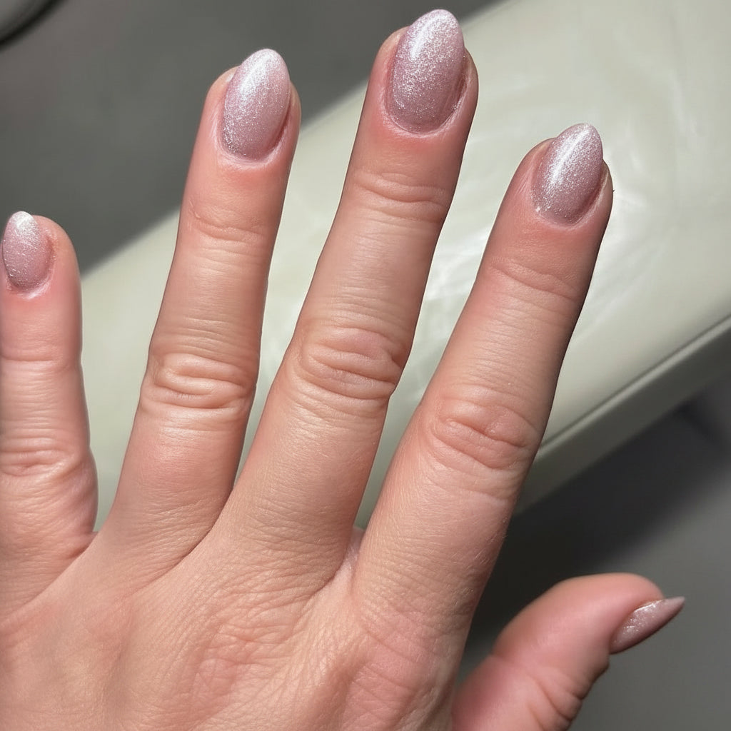 Hand with glittery pink nail polish on a neutral background