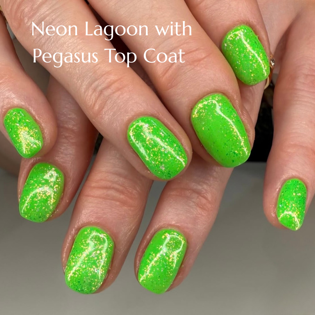 Green glittery nail polish with 'Neon Lagoon' and 'Pegasus Top Coat' text.