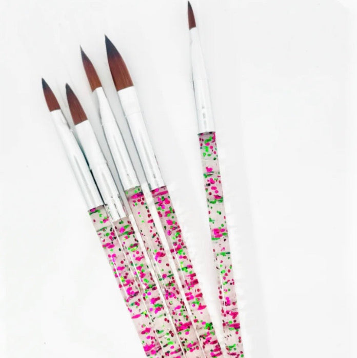 Acrylic nail brushes with pink and green glitter handles