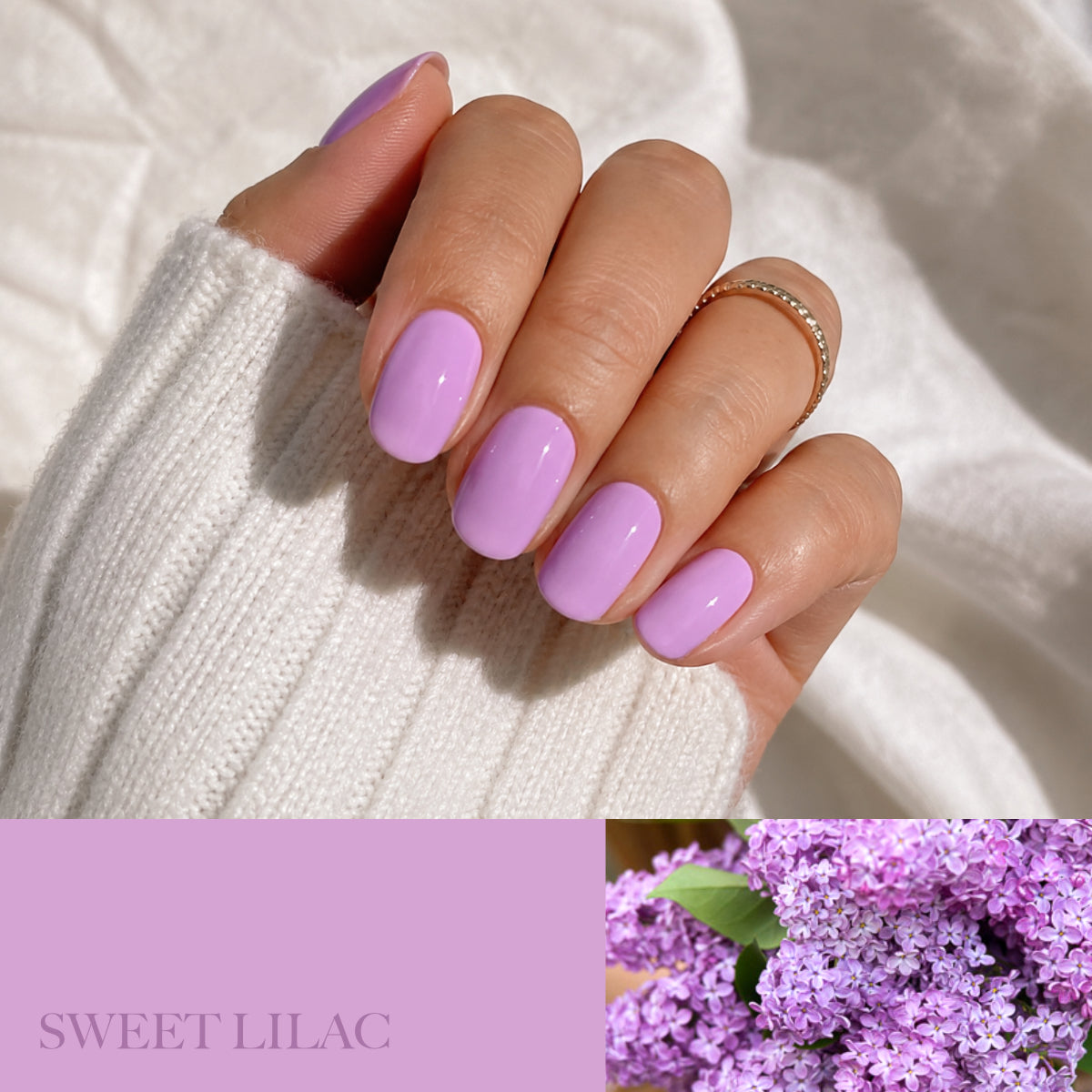 Lilac gel polish on nails with a white background
