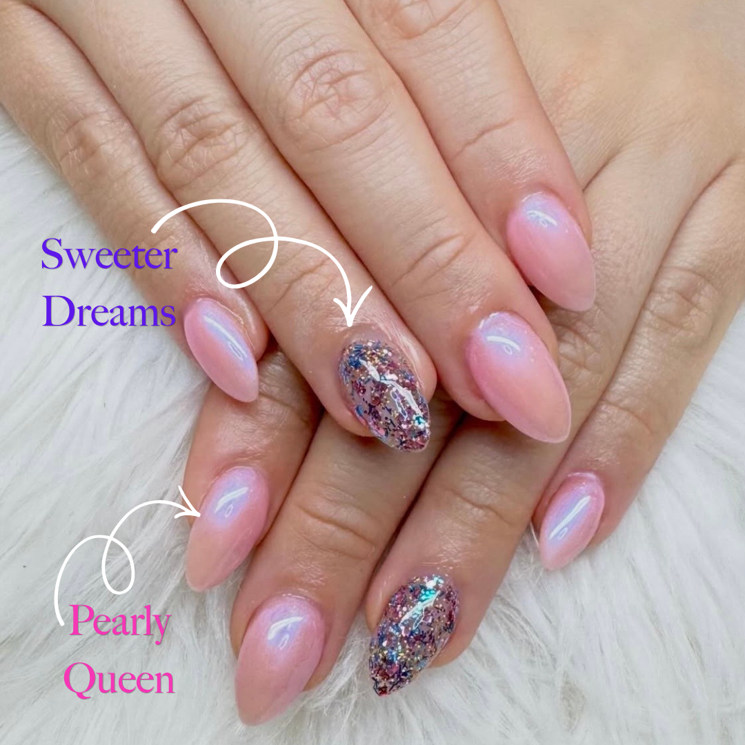 Nail set featuring Claw Culture gel polishes in pink and glitter 
