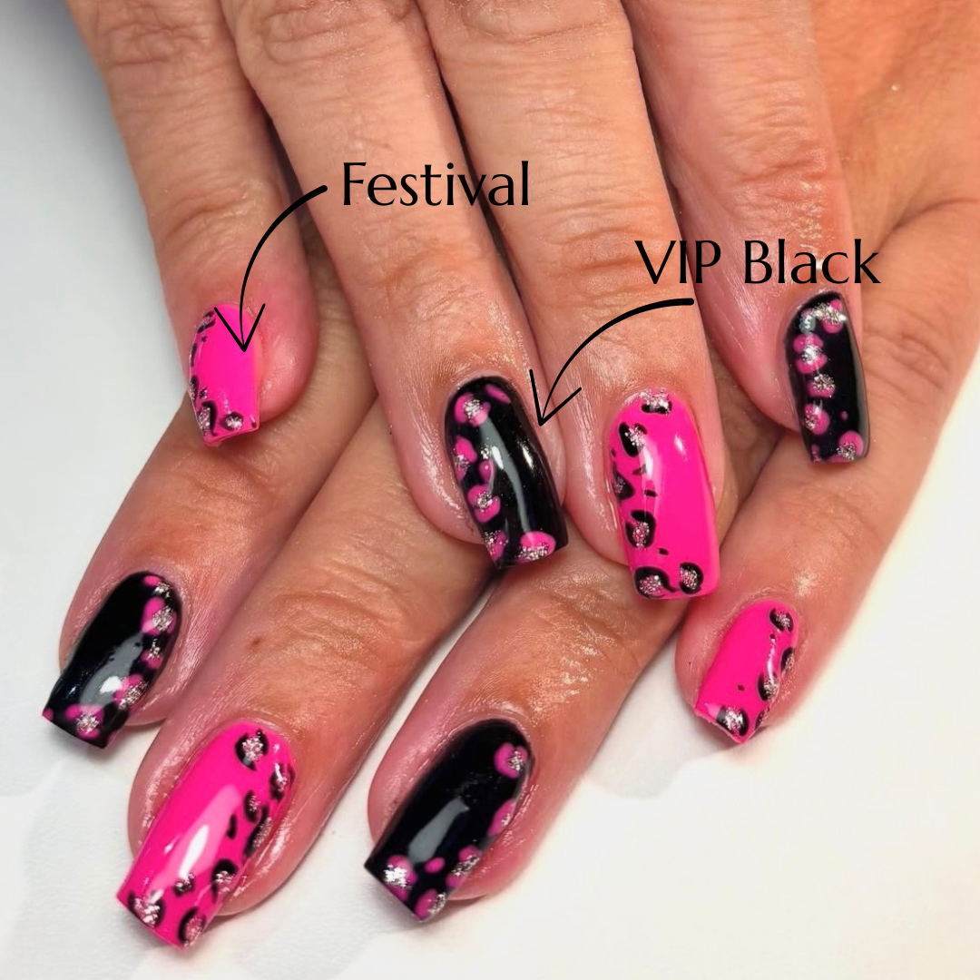 Nails with pink and black design labeled 'Festival' and 'VIP Black'.
