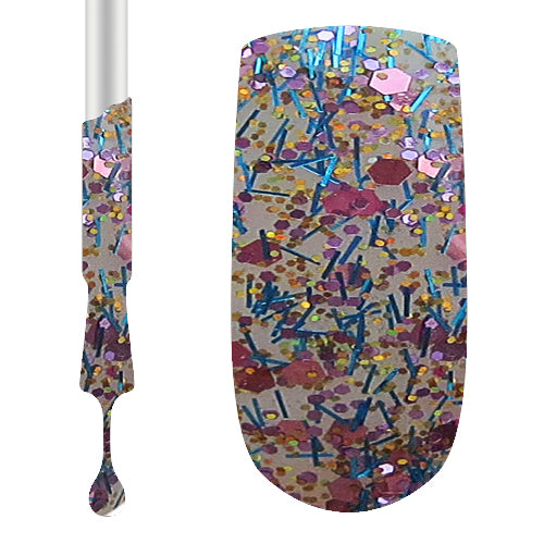 A swatch of Claw Culture Professional Gel Polish showing a highly pigmented glittery mix of gold, pink, and blue on a clear base.