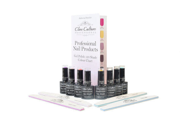 Eight gel polishes, 4 nail files and colour card