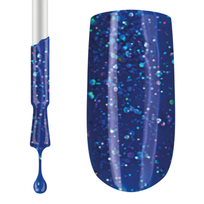 A swatch of blue gel nail polish with visible glitter, alongside a brush. 