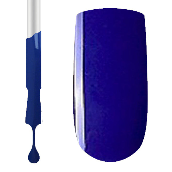 A swatch of blue Claw Culture gel polish on a nail, with the polish also shown on a brush