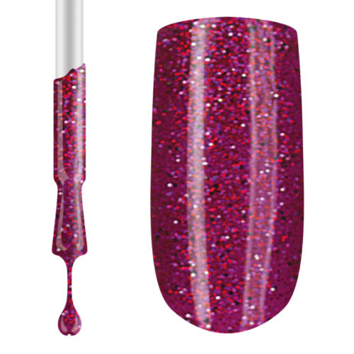 A swatch of pink glitter gel polish, highly pigmented with a sparkly finish, displayed on a nail.
