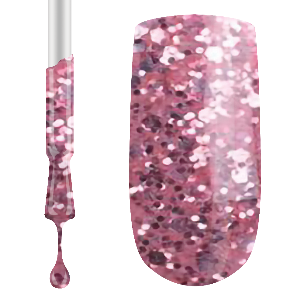Claw Culture professional gel polish in a vibrant pink shade with a glittery finish, displayed with a swatch showing the glitter and colour.