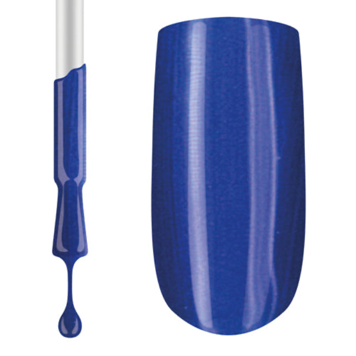 A swatch of blue gel nail polish, showing the color applied to a nail and a dropper of the product.