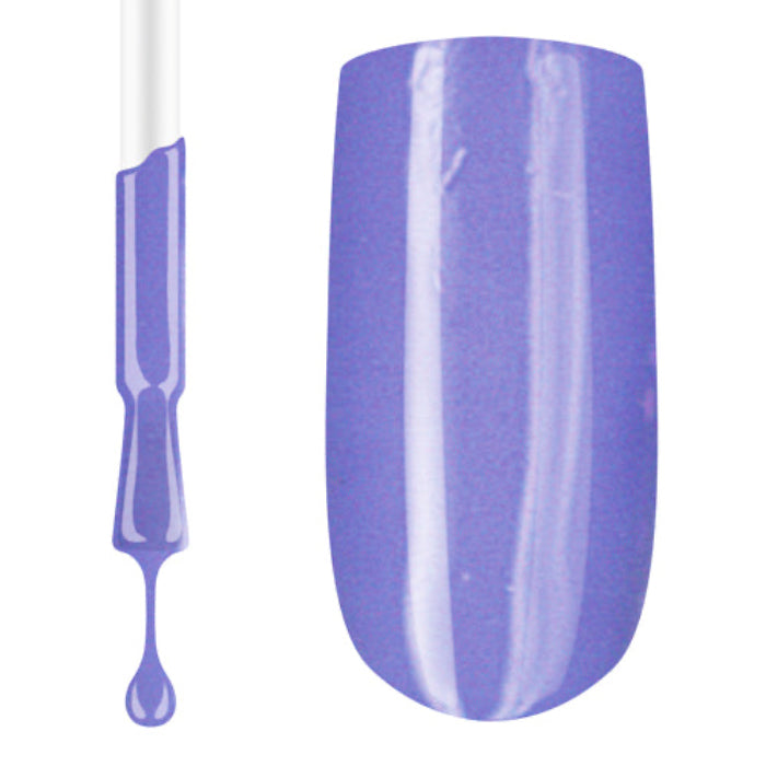 A swatch of purple gel nail polish, showing the colour on a nail and a dropper bottle.