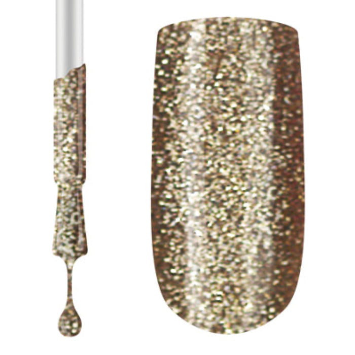 A swatch of Claw Culture Professional Gel Polish in a gold glitter shade, with a brush of the product displayed alongside showing the shimmering finish.
