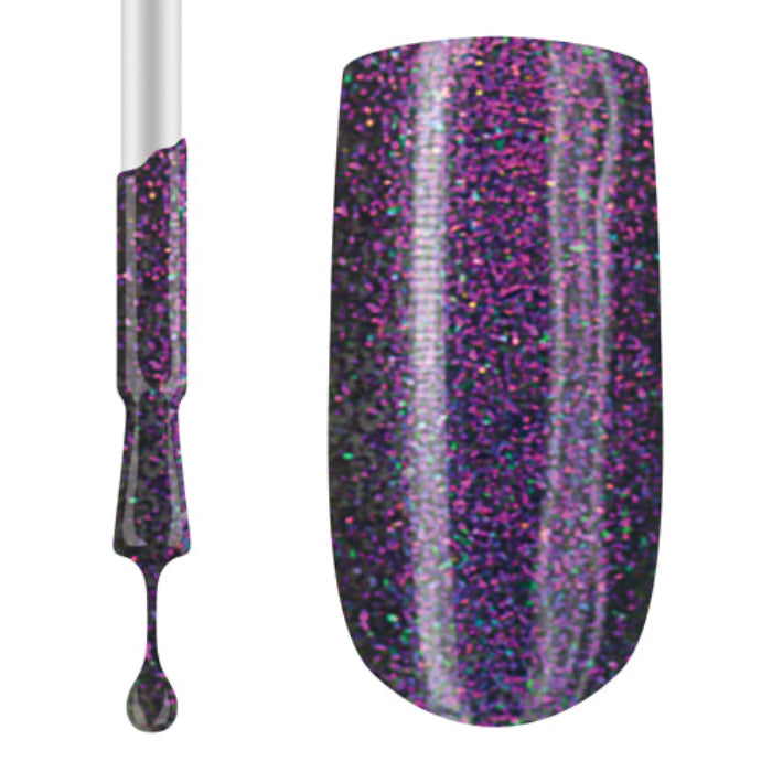 A swatch of Claw Culture Professional Gel Polish showing a highly pigmented, shimmering purple blue colour with a glittery finish.