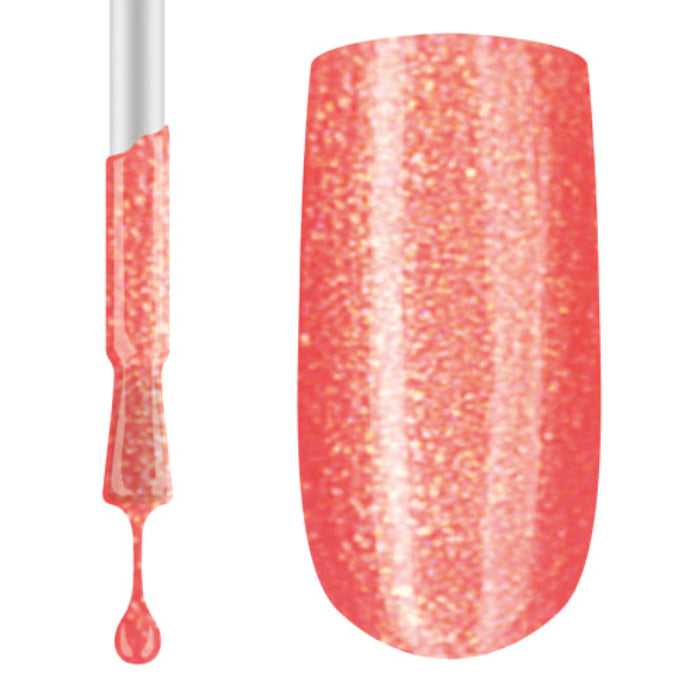 A swatch of Claw Culture Professional Gel Polish in a peach color with a glittery finish, displayed on a nail.
