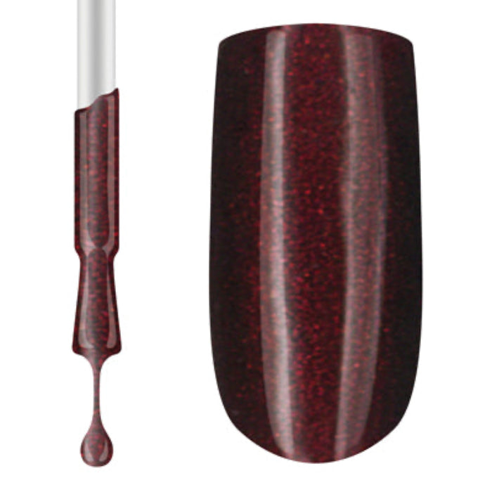 A swatch of maroon shimmer gel polish by Claw Culture, showing the color and texture of the polish.