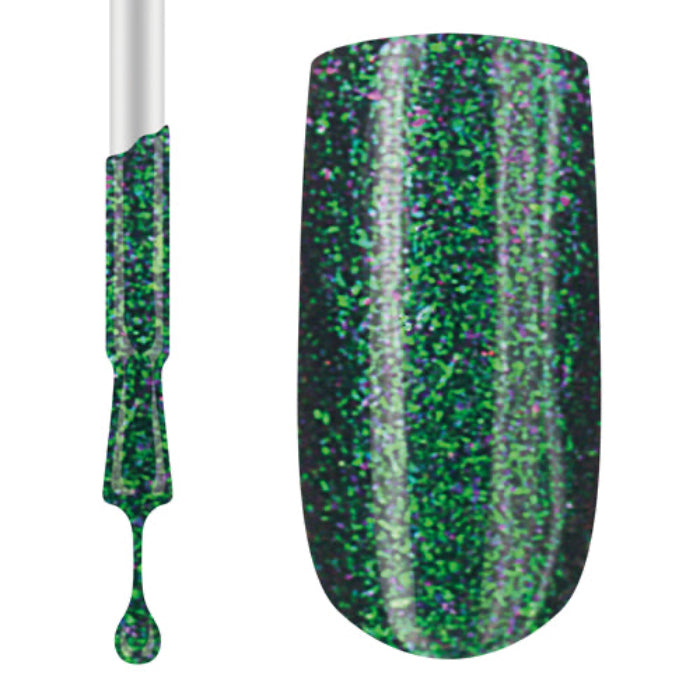 A bottle of Claw Culture Professional Gel Polish with a highly pigmented green glittery colour. The polish is shown both on a brush and applied on a nail for display.