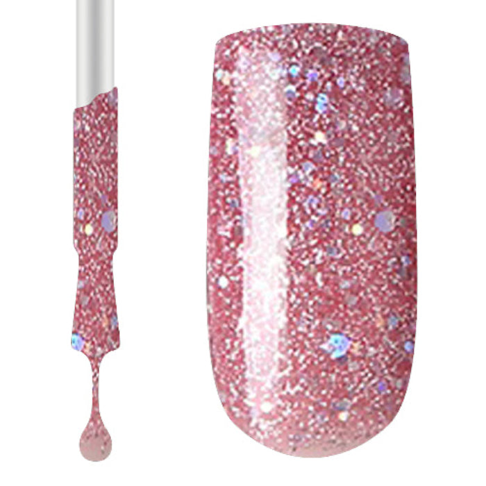 A swatch of pink gel nail polish with glitter, showing the product's application on a nail.