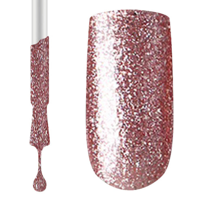 A swatch of pink gold gel polish showing a glittery texture on a nail.