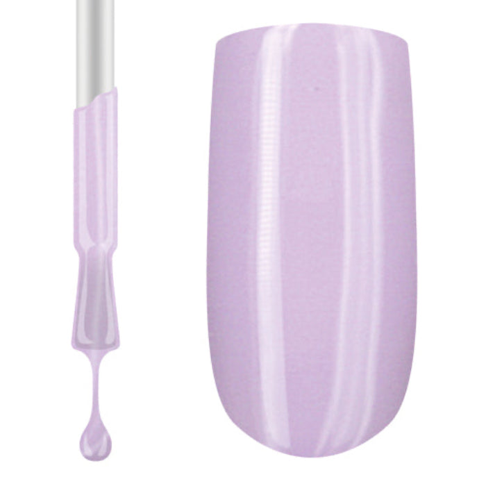 A swatch of pink nude gel polish, showing the color applied to a nail, with a drop of polish hanging from the applicator.