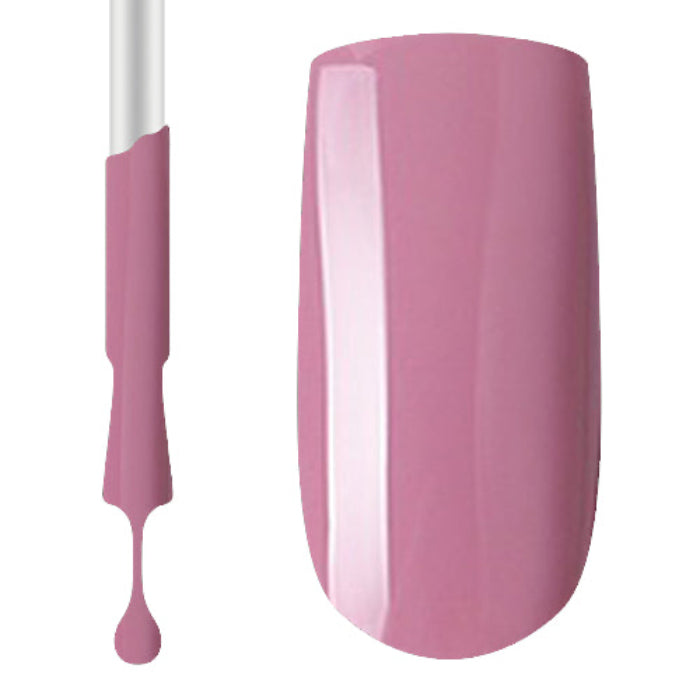 A swatch of pink gel nail polish, showing the colour applied and brush 