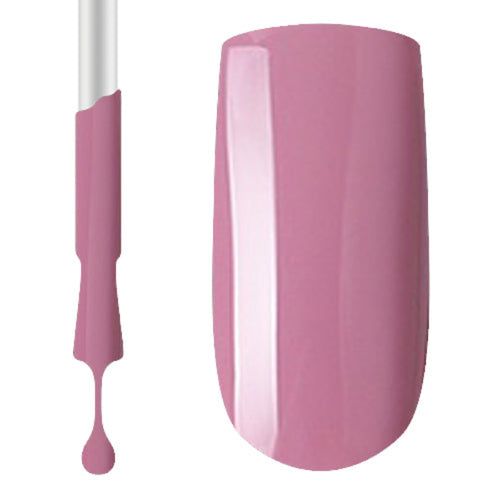 A swatch of pink gel nail polish, showing the colour applied and brush 