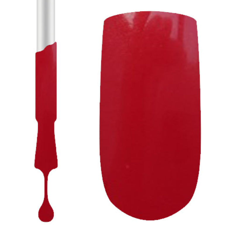 A swatch of red gel nail polish, showing a vibrant, glossy finish on a fingernail.