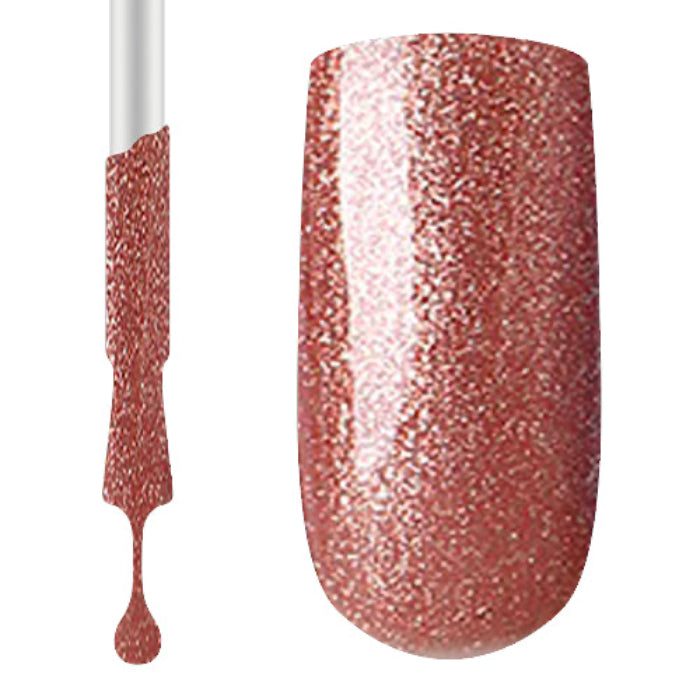 A swatch of rose gold gel polish with glitter, displayed on a nail swatch and brush
