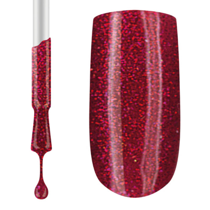 A swatch of red gel nail polish with glitter, showing the product's actual color and texture on a nail.