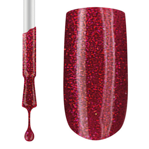 A swatch of red gel nail polish with glitter, showing the product's actual color and texture on a nail.