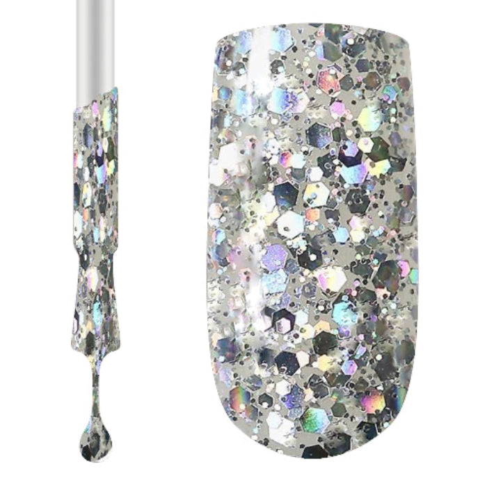 A close-up of a swatch  of Claw Culture Professional Gel Polish, highly pigmented with a glittery finish. The polish is intended for nail care and can be cured with LED or UV lamp.