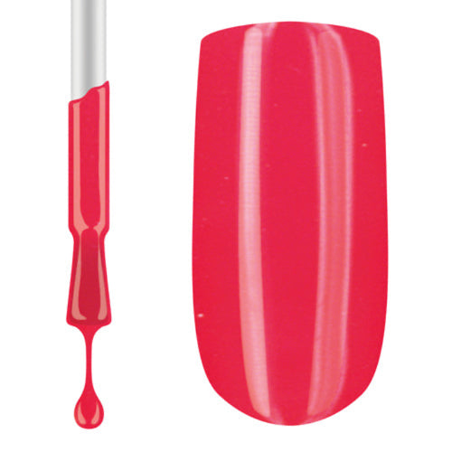 A swatch of red gel nail polish applied to a nail swatch with the brush of the bottle shown alongside.