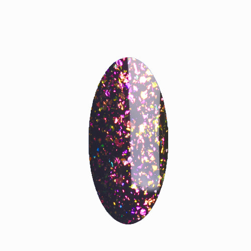 A swatch of clear sparkly top coat gel polish applied to a nail, showing a glossy, reflective finish with multicolored glitter.