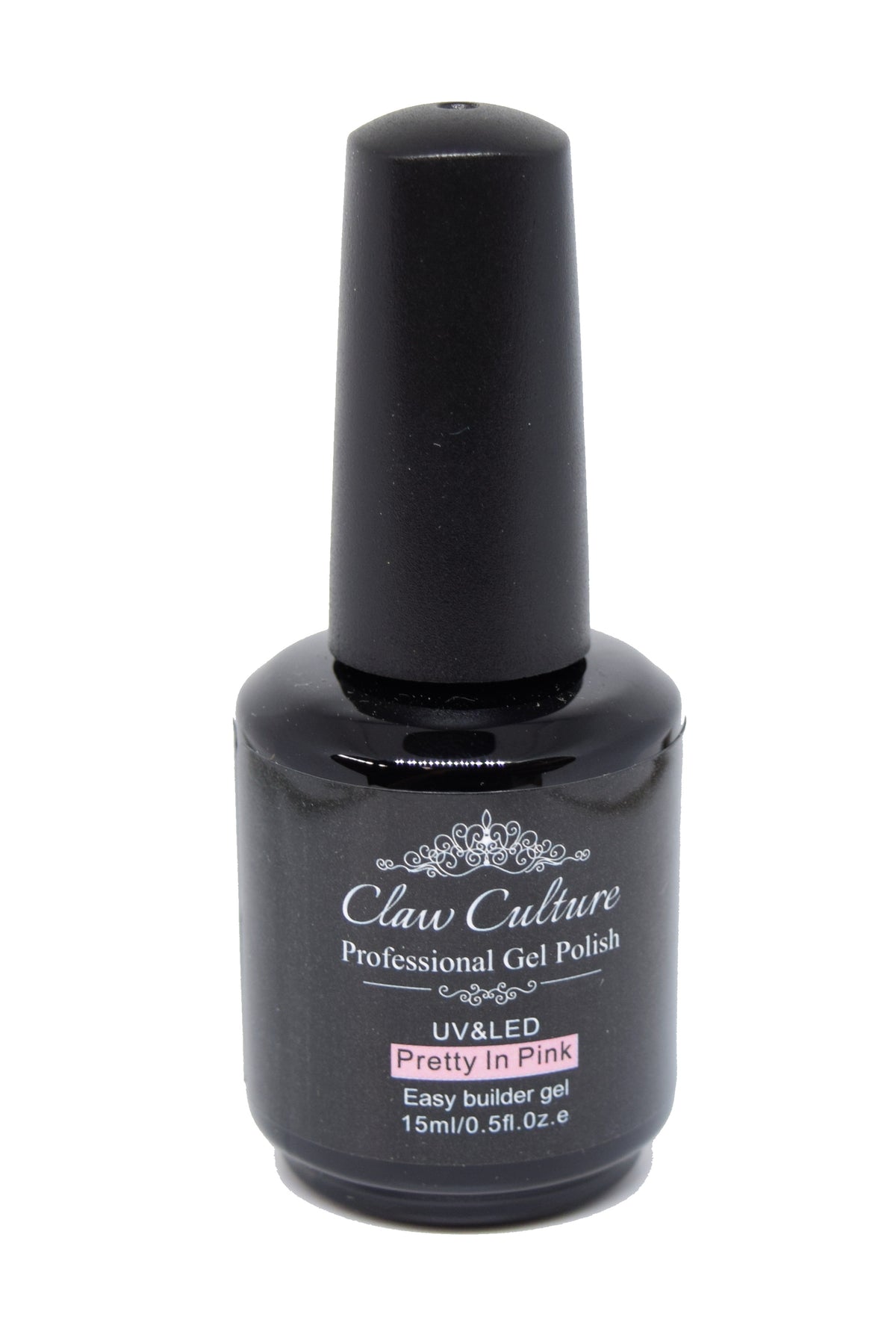 A 15ml bottle of Claw Culture Easy Builder Hard Gel nail polish in a pink hue, labeled 'Pretty In Pink'.