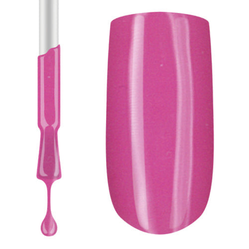 A swatch of pink gel nail polish, showing the colour on a fingernail and a dropper of the product.