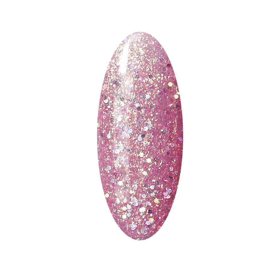 A swatch of a glittery pink gel polish 